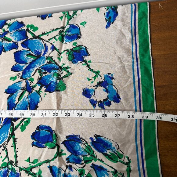 Vintage Scarves by Vera 100% Silk Hand Rolled Floral Blue, Green & White 30" SQ - Picture 7 of 8